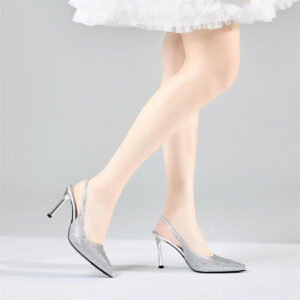 Giày cao gót Moonn dáng Slingbakc mũi nhọn phối nơ bản đính đá pha lê