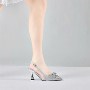 Giày cao gót Moonn dáng Slingbakc mũi nhọn phối nơ bản đính đá pha lê