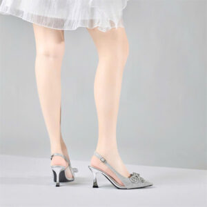 Giày cao gót Moonn dáng Slingbakc mũi nhọn phối nơ bản đính đá pha lê