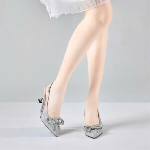 Giày cao gót Moonn dáng Slingbakc mũi nhọn phối nơ bản đính đá pha lê