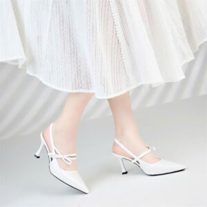 Giày cao gót Moonn màu trắng phối thắt nơ điệu đà
