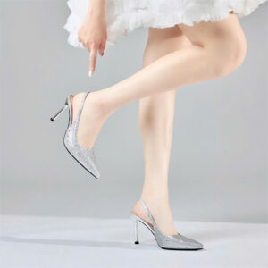 Giày cao gót Moonn dáng Slingbakc mũi nhọn phối nơ bản đính đá pha lê