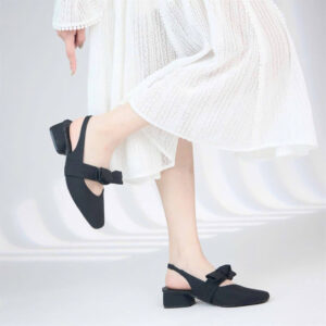 Giày búp bê nữ màu đen đính nơ phong cách thanh lịch