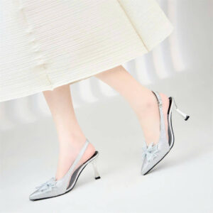 Giày cao gót nữ màu bạc mũi nhọn thanh lịch